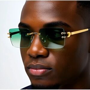 Vintage Green Tint Gold Frame Rimless Shades Retro Rectangular Mens Sunglasses